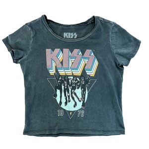 Kiss 1976 100% Cotton Grey Cropped Graphic Short Sleeve Wide Neck Medium T-Shirt